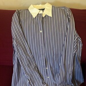 Lauren Ralph Lauren Navy Striped Dress Shirt with White Collar